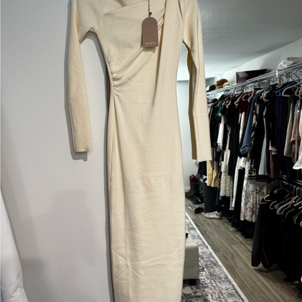Meshki Culver Twist Knit Midi Dress Cream NWT